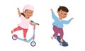 Little Boy and Girl on Skateboard and Kick Scooter in Skate Park Having Fun and Enjoying Recreational Activity Vector Royalty Free Stock Photo