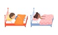 Little Boy and Girl Sleeping Sweetly on Soft Pillow Under Blanket in Their Bed Vector Set Royalty Free Stock Photo