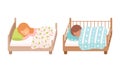 Little Boy and Girl Sleeping Sweetly on Soft Pillow Under Blanket in Their Bed Vector Set