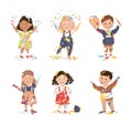 Little Boy and Girl Smeared in Paints Holding Artist Brush Vector Illustration Set