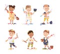 Little Boy and Girl Smeared in Paints Holding Artist Brush Vector Illustration Set Royalty Free Stock Photo