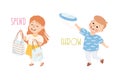 Little Boy and Girl Spending Money on Shopping and Throwing Frisbee Demonstrating Vocabulary and Verb Vector Set