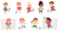 Little Boy and Girl in Sports Shirt and Shorts Playing Football Kicking Ball and Scoring Goal Vector Set