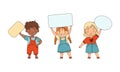 Little Boy and Girl Standing and Holding Empty Plaque Vector Illustration Set Royalty Free Stock Photo