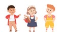 Little Boy and Girl Standing and Talking to Somebody Engaged in Friendly Communication Vector Set