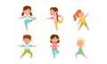 Little Boy and Girl Standing in Yoga Pose Breathing Deeply Vector Illustration Set