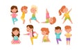 Little Boy and Girl Standing in Yoga Pose Breathing Deeply Vector Illustrations Set