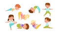 Little Boy and Girl Standing in Yoga Pose Breathing Deeply Vector Illustrations Set