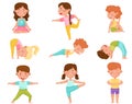 Little Boy and Girl Standing in Yoga Pose Breathing Deeply Vector Illustrations Set