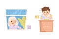 Little Boy and Girl Staying Home and Mixing Demonstrating Vocabulary and Verb Studying Vector Set