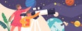 Little Boy and Girl Study Astronomy Science. Curious Children Look In Telescope, Kid Characters Observe Space