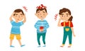 Little Boy and Girl Suffering from Headache and Fever Vector Set