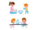 Little Boy and Girl at Table Engineering and Configurating Robot with Laptop Vector Set Royalty Free Stock Photo