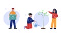 Little Boy and Girl Taking Care of Nature Watering Plant and Gathering Garbage Vector Set Royalty Free Stock Photo