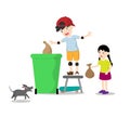 Little boy and little girl are throw away garbage in bin isolated on background. Vector illustration in cartoon character flat Royalty Free Stock Photo