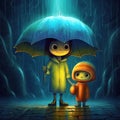 Little boy and girl under umbrella in the rain. Cartoon brother and sister under umbrella. Futuristic children\'s background