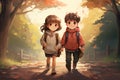 A little boy and girl walk to school in a rural area. Drawing in the style of cartoon. Generation AI