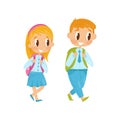 Little boy and girl walking on study. First school day. Kids in formal clothes with backpacks on shoulders. Flat vector