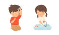 Little Boy and Girl Washing Hand with Soap in Sink and Combing Hair Vector Set