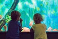 Little Boy and girl watching tropical coral fish in large sea li Royalty Free Stock Photo