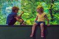 Little Boy and girl watching tropical coral fish in large sea life tank. Kids at the zoo aquarium Royalty Free Stock Photo