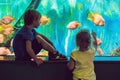 Little Boy and girl watching tropical coral fish in large sea life tank. Kids at the zoo aquarium Royalty Free Stock Photo