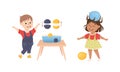 Little Boy and Girl Working on Physics Science Experiment with Ball and Water Vector Set