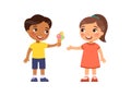 Little boy gives the girl an ice cream. Child friendship psychology. Cartoon characters