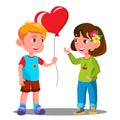 Little Boy Gives The Girl Red Heart Balloon Vector. Illustration Royalty Free Stock Photo