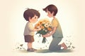 Little boy gives his mother a bouquet of wildflowers. Generative AI Royalty Free Stock Photo