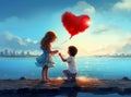 A little boy gives a red heart to a girl against the background of a blue sea