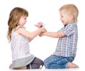 The little boy gives to the girl a flower. on white