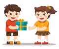 A little boy giving girl birthday gift box. Royalty Free Stock Photo