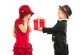 Little boy giving girl gift and his excited Royalty Free Stock Photo