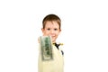 Little boy giving money bill 100 us dollars Royalty Free Stock Photo