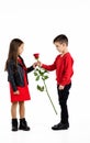 Little boy giving a red rose to child girl Royalty Free Stock Photo