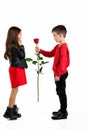 Little boy giving a red rose to child girl Royalty Free Stock Photo