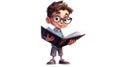 A little boy in glasses holds an open book in his hands on a white background. Royalty Free Stock Photo