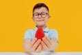 Little boy in glasses holds a strawberry in hand.