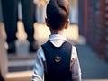 A Little Boy Goes to School in New York ?ity, in NYC in a School Uniform. Realistic Style. Back View.