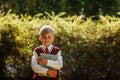 Little boy going back to school. Child with backpack and books on first school day Royalty Free Stock Photo