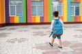 Little boy going back to school. Child with backpack and books on first school day. Back view. School concept. Back to Royalty Free Stock Photo