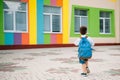 Little boy going back to school. Child with backpack and books on first school day. Back view. School concept. Back to Royalty Free Stock Photo