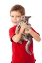 Little boy with gray kitty in hands Royalty Free Stock Photo