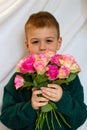 A little boy in a green sweater gives a bouquet of pink roses Royalty Free Stock Photo