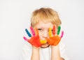 Little boy hands painted in colorful paints Royalty Free Stock Photo