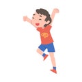 Little Boy Happily Jumping, Happy Smiling Preschooler Kid Having Fun Dressed Casual Clothes Cartoon Style Vector