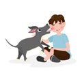 Little boy and happy joyful with the dog together isolated on background. Vector illustration in cartoon character flat style Royalty Free Stock Photo