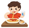 A Little boy happy to eat Spaghetti.