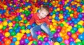 Little boy having fun in a pool of colorful balls in the entertainment center Royalty Free Stock Photo